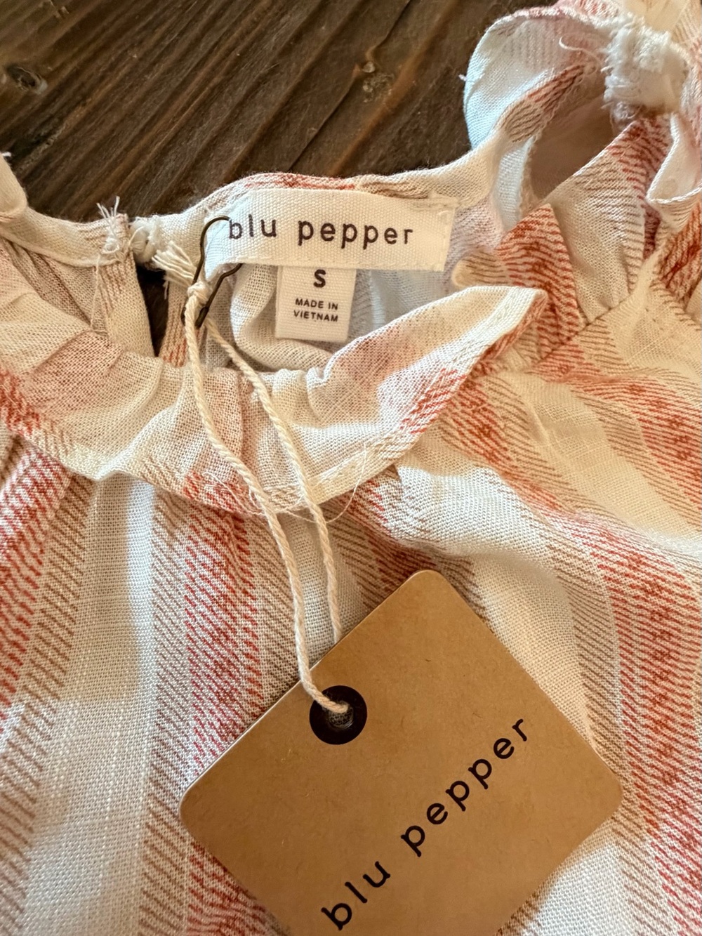 Blu Pepper Cream Top with Rust Stripe Ruffle Neck